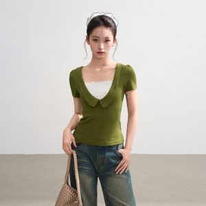 BAIDAIFEI | U-Neck Faux Two-Piece Straight Shoulder Slim Fit Short Sleeve Womens T-Shirt
