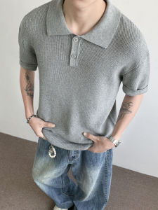 Korean Style Cleanfit Knitted Short Sleeve Mens Summer Solid Color Polo Shirt Loose Fit Turn-down Collar T-shirt Trendy