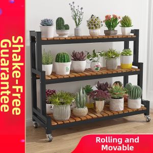 DANBIYIN | Multifunctional Balcony Storage Rack Ironwood Stepladder Plant Stand