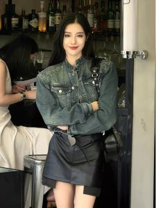เสื้อแจ็คเก็ตยีนส์ทรงหลวมสไตล์เกาหลีสำหรับผู้หญิง ฤดูใบไม้ผลิและฤดูใบไม้ร่วง ทรงสั้น เสื้อคลุมกันหนาวแบบลำลอง ทรงเข้ารูป