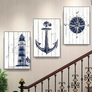 3pcs Nautical Canvas Print Wall Art Set Posters Definition Lighthouse  Anchor & Compass Poster Coastal Home Living Room Decor