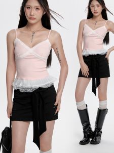 Pink Lace Trim Crop Top Womens Outerwear Summer New Design Sensual Layering Inner Wear Short Length Vest Sleeveless Jacket