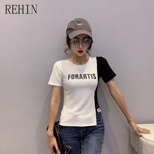 REHIN เสื้อยืดแขนสั้นพิมพ์ลายตัวอักษรสำหรับผู้หญิงเสื้อสตรีทรงเข้ารูป S-3XL แฟชั่นสีการชนดีไซน์ใหม่ฤดูร้อนผ้าฝ้ายคอกลม