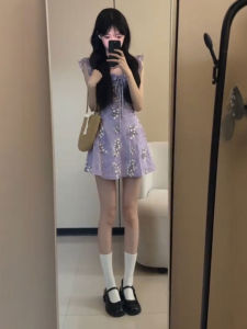 CHANGTONG | Stylish Print Purple Waist Cinched Short Dress