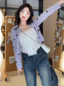 plus Size Purple Knitted Sweater Women Spring Autumn Cute Plump Butterfly Sweet Knot Short Top Open Cardigan Outerwear