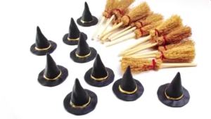 TOPTOY | 10-50Pcs Mini Witch Hat with Mini Broom Miniature Straw Brooms with Red Rope for Halloween Party Craft Witches Decor Accessory