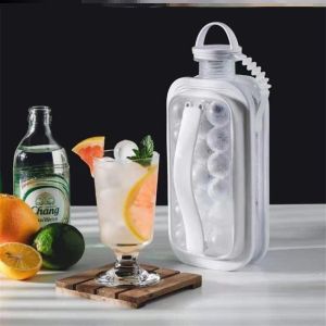 Portable Folding Ice Maker Bottle 2-in-1 Silicone Container with Reusable Hockey Ice Cube Mold for Cocktails & Cold Drinks