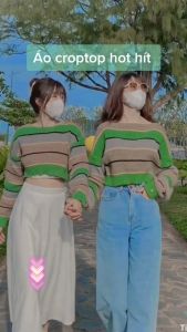 💥[A051] Áo len nữ Montoghi dệt kim TAY DÀI dáng CROPTOP kẻ sọc xanh HQ loại 1 chơi Đà Lạt  - L2M