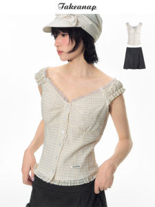NAPSNAPS | Áo Blouse Nữ Caro Không Tay Viền Ren