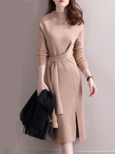 Womens Knitted Midi Dress Half High Collar Inner Wear over Knee Base Skirt Long Sleeve Commute Style Autumn Winter Fashion
