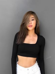 SpinnyHouse เสื้อคอเหลี่ยม ครอปแขนยาวคอเหลี่ยม ผ้า2ชั้น เสื้อครอปแขนยาว 191 A401B