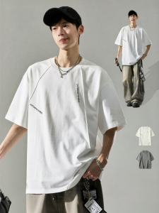 SZON | Áo Thun Mùa Hè Phong Cách Mỹ Thêu Nổi Dày Rộng Rãi Tay Ngắn 5/4