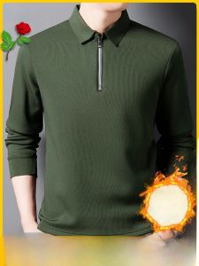 Thickened Fleece Long Sleeve Polo Shirt Casual Business Style Zipper Design Comfortable Loose Fit Dad Base Layer Top for Middle-Aged Men