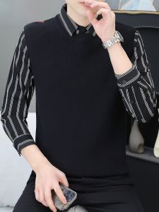 HENGYUANXIANG | Fashionable Striped Knitted Sweater Fake Two-Piece Casual Shirt Collar Mens Spring Autumn Korean Style Loose Fit Comfortable