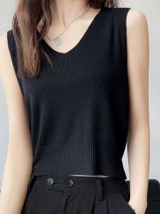 Short Knitted Ice Silk Vest Womens Top Sleeveless V-Neck Tank Top Slimming Base Layer T-Shirt Suitable for Office Wear