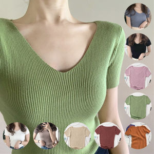 Summer V-neck Slim Knitted T-shirt Bottomed Shirt Short Top Womens Half Sleeve blouse women