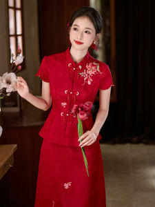 Red New Chinese Style Wedding Dress Luxury Sensation Marriage Ceremony Dress Long Sleeve Stand Collar Polyester Fibre 2025 New