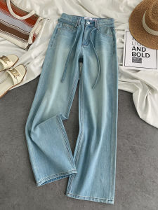 High Waist Straight Leg Blue Jeans Womens Autumn Early Season High Elasticity Washed Loose Fit Comfortable Cotton Denim