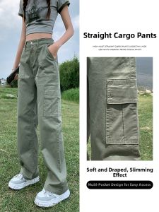 High Waist Womens Cargo Pants Multi Pockets Casual Straight Leg Long Jeans Visual Height Increasing Cotton Polyester Blend