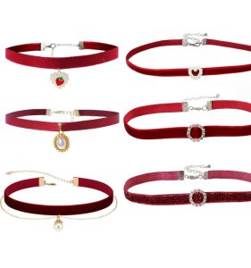 Christmas Theme Velvet Necklace Gift for Women Red Wine Color Swan Neck Chain Choker Fashion Jewelry Accessory Sweet Style