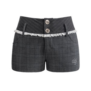 UNIFREE Womens Plaid Suit Casual Pants Low Waist Lace Splicing Summer Slimming School Style Shorts Soft Comfortable Straight Leg