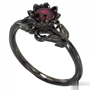 Black Flower Round Ring for Women Red Stone Charm Jewelry Party Gift - Stylish Accessory for Ladies
