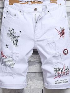 Summer Mens Embroidered Denim Shorts Casual Five-Quarter Length Ripped Slim Fit Versatile Trendy Brand Horse Pants