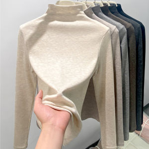 Womens Slim Fit Long Sleeve mid Neck Base Shirt H393 Half High Collar Warm Pure Color Versatile Autumn Winter Top