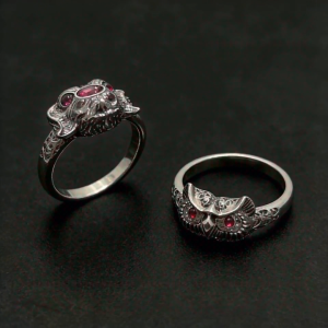 Vintage Animal Couple Ring Set – Owl & Beast with Red Crystal Eyes