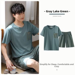 JIALEFEN | Summer Mens Cotton Short Sleeve Shorts Pajamas Set