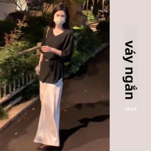 YUEZHONGWEI | Áo thun dệt kim lụa lạnh cổ chữ V tay ngắn màu kaki dáng rộng mùa hè cho nữ áo thun bó eo giảm béo mặc thường ngày