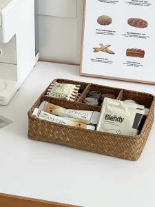 Seagrass Woven Divided Storage Basket Japanese Desktop Organizer for Cosmetics Tea Bags & Remote Natural Home Decor Tray
