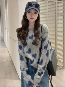 Gray Knitted Sweater Womens Loose Fashion Heart Letter Top Autumn New Style Lazy Fashion Breathable Long Sleeve round Neck