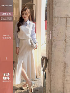 Blue Ruffle Collar Shirt Womens V-neck Vest A-line Pleated Mini Skirt Set Spring Fashion Ensemble Short Silhouette