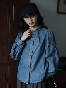 Retro Early Spring Denim Shirt Jacket Womens Stand Collar Design Slimming Long Sleeve Top Fashionable Commute Vintage Style