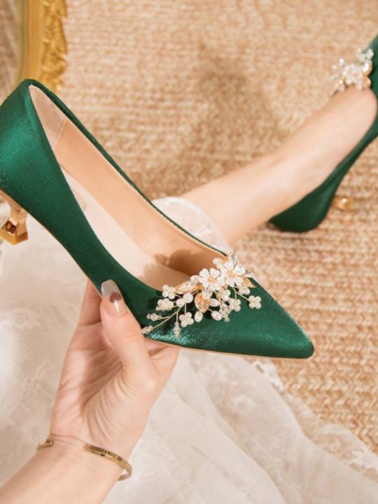 Niche Green Wedding Shoes High-Heeled Shoes No Fatigue Feet