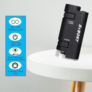 SVBONY SV603 กล้องจุลทรรศน์พกพาขนาดเล็ก 60x-120x พร้อมไฟ LED ซูม