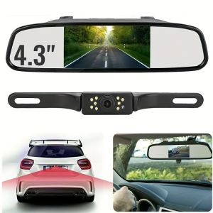 4.3IN Mirror Car Rear View Camera 10LED Adjustable License Plate for Vehicles with Monitor Kit Backup Camera Guideline Display