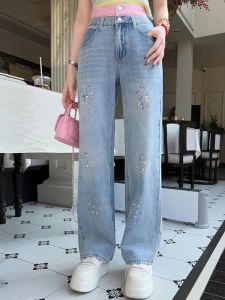 Spring 2025 Womens High Waist Straight Leg Jeans Color Block Pink Leather Sequin Slimming Long Pants Casual Fashion