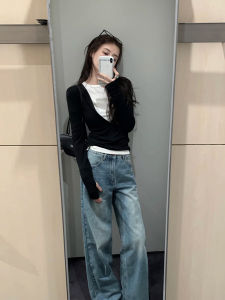 XUECAIQI | Autumn Korean Style Set V-Neck Two-Piece Top Loose Jeans
