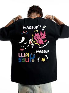 Wassup RST Chinese Fad Heavy Weight Pure Cotton Short-Sleeved T-shirt Mens and Womens American Summer Aishen Cat Print Couple Half Sleeve