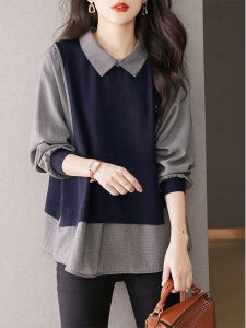 กันยายน Stray Ink ถัก หลวม ทันสมัย เสื้อเชิ้ตแขนยาว ผู้หญิง ฤดูใบไม้ร่วง สวมใส่ 2023 แบบใหม่ ความยาวปานกลาง ปกโปโล เสื้อสวม