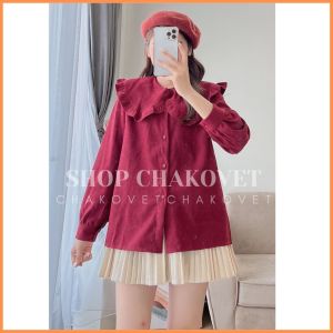 Áo Sơ Mi Nhung Tăm Dài Tay Nữ Màu Đỏ Sành Điệu Sơ Mi Cổ Sen Viền Bèo Xếp Li Tay Phồng Style Hàn Quốc Tiểu Thư A.8536