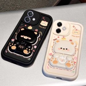 เคสโทรศัพท์ OPPO A5 Pro A3 Pro A79 A78 A60 A58 A38 A18 5G 4G เคสใหม่เคสหมีการ์ตูนน่ารักพร้อมขาตั้งกระจกแบบหมุนที่สร้างสรรค์ป้องกันการตกเคสนิ่ม2025