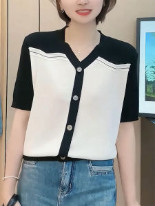 QINGNAER | Stylish French Style High-end Black and White Contrast V-neck Buttoned Short Sleeve Shirt