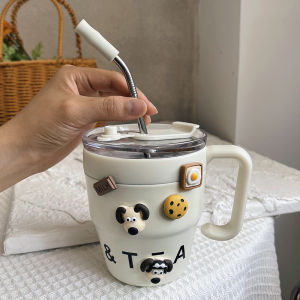 Stainless Steel Insulated Mug Portable Coffee Cup Straw Design Womens High Aesthetic Handle Water Bottle Outdoor Picnic Gift