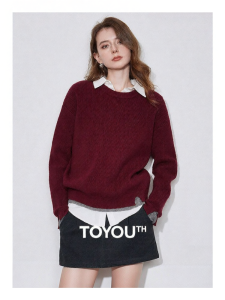 Toyouth | Áo Len Nữ Cổ Tròn Giả Hai Mảnh Màu Đỏ Mùa Đông Chất Liệu Angora