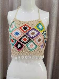 Ethnic Style Color Block Hollow out Neck Backless Mini Strap Womens Knitted Camisole Vest Summer Thin Fabric Fashion Ladies Top