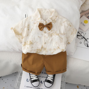 Bộ Áo Sơ Mi Trẻ Em Mùa Hè Thoải Mái Cotton Vải Bông Có Cà Vạt Và Quần Short Quần Đùi Bộ Đồ Hai Mảnh Mỏng Cho Bé Trai Dễ Thương Chủ Đề Rừng Em Bé Quần Áo