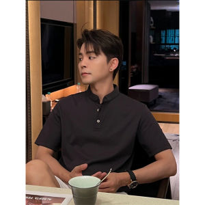 Dark Gray Henry Collar T-Shirt Mens Summer Mature and Stable Mens Shoulder Short Sleeve Fancy Business Casual Half Sleeve